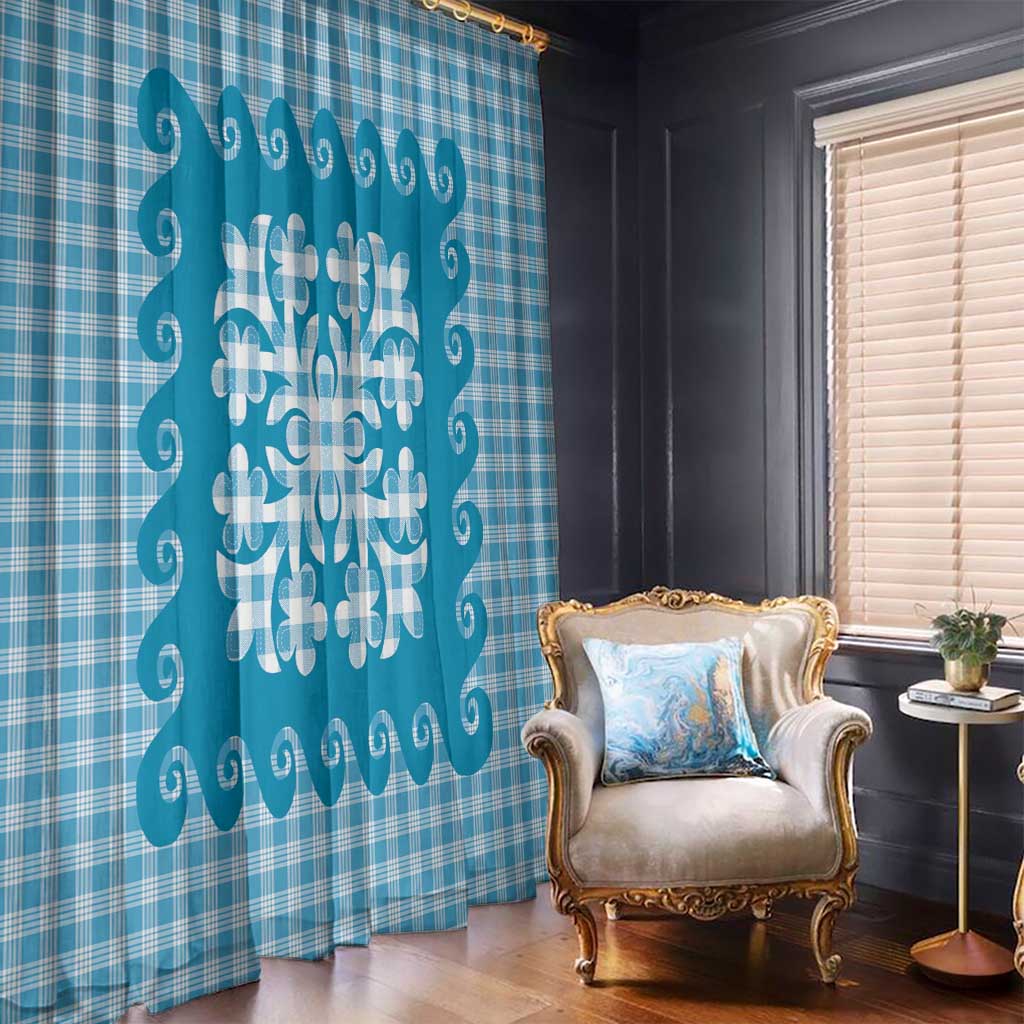 Blue Ulu Palaka Quilt Pattern Window Curtain Hawaii Culture Breadfruit - Polynesian Pride