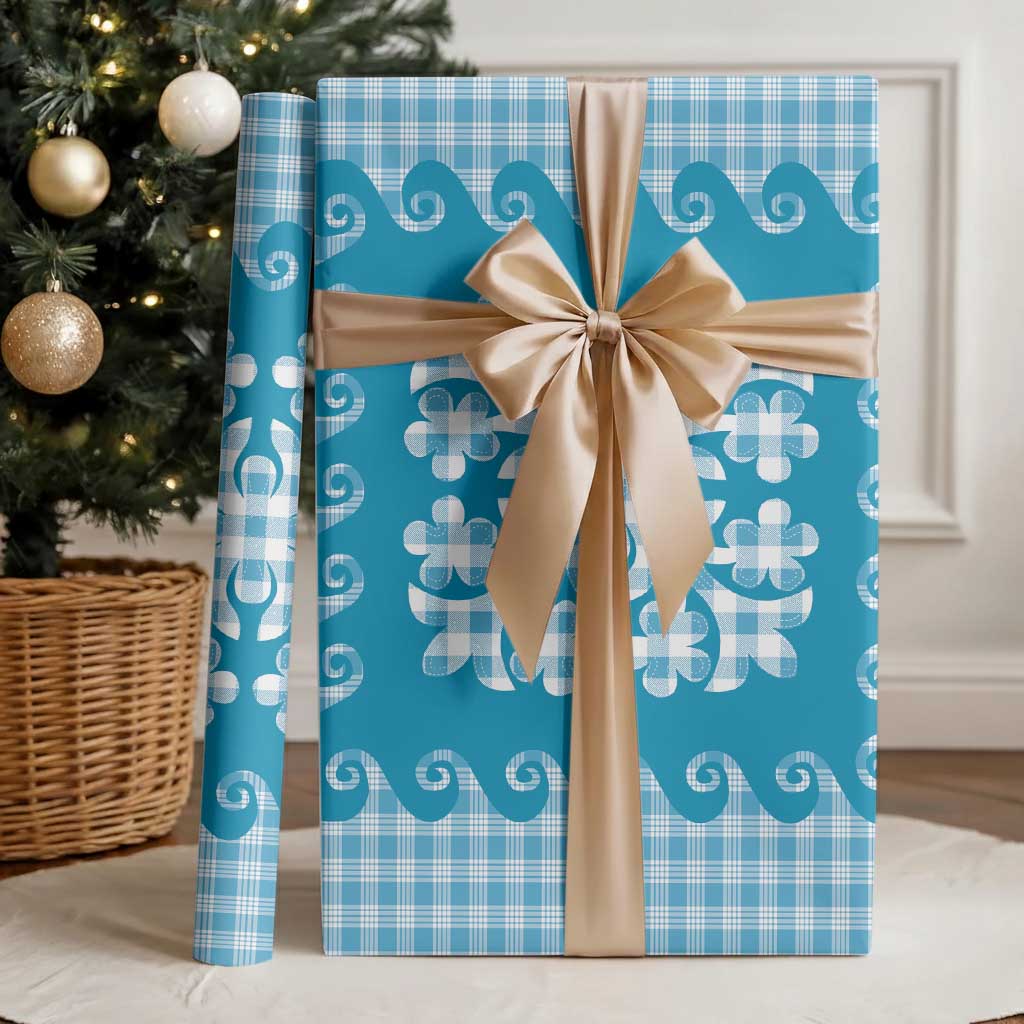 Blue Ulu Palaka Quilt Pattern Wrapping Paper Hawaii Culture Breadfruit - Polynesian Pride