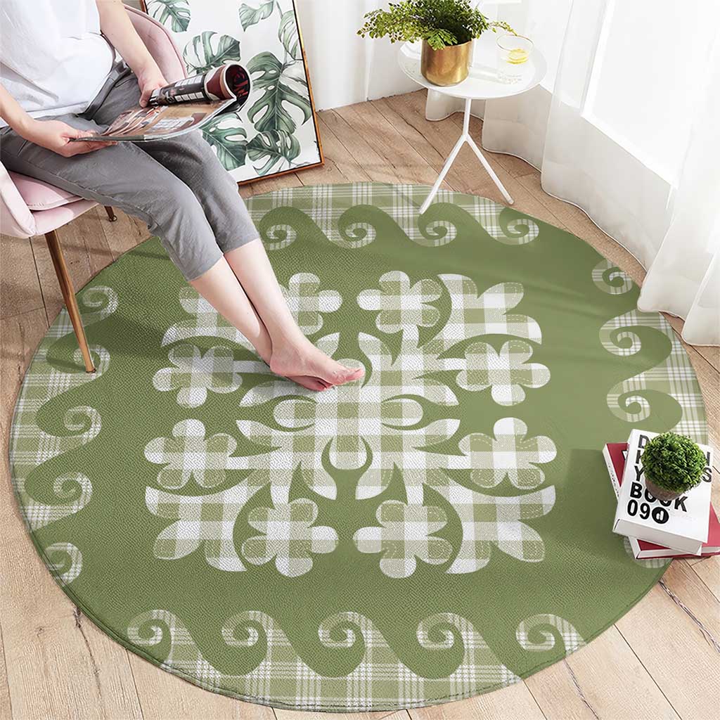 Green Ulu Palaka Quilt Pattern Round Carpet Hawaii Culture Breadfruit - Polynesian Pride