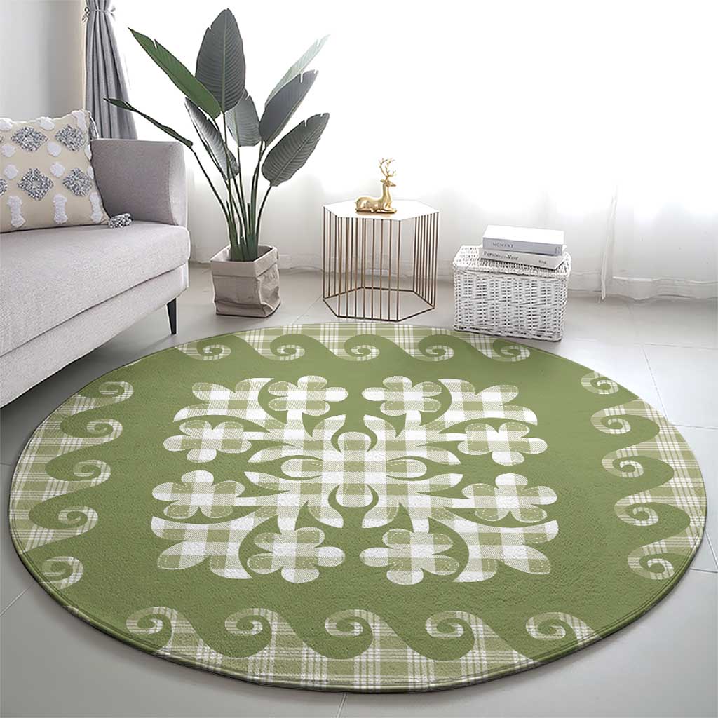 Green Ulu Palaka Quilt Pattern Round Carpet Hawaii Culture Breadfruit - Polynesian Pride