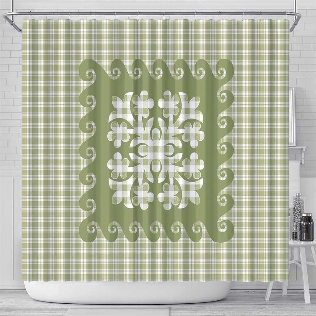 Green Ulu Palaka Quilt Pattern Shower Curtain Hawaii Culture Breadfruit - Polynesian Pride