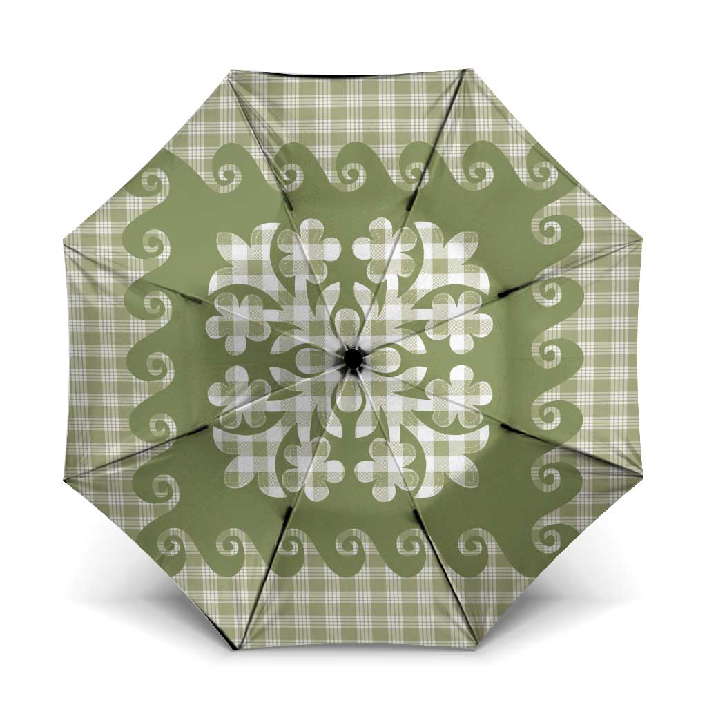 Green Ulu Palaka Quilt Pattern Umbrella Hawaii Culture Breadfruit - Polynesian Pride