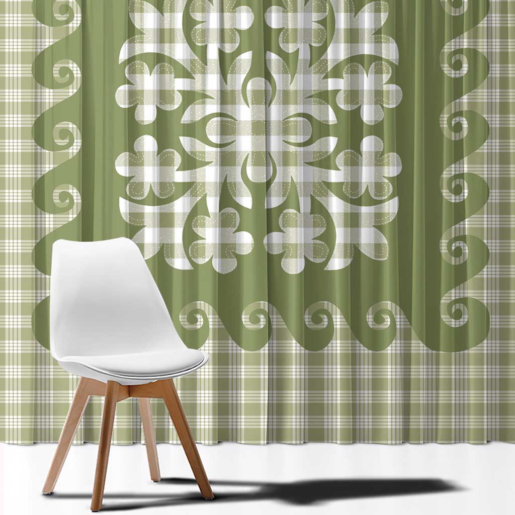 Green Ulu Palaka Quilt Pattern Window Curtain Hawaii Culture Breadfruit - Polynesian Pride