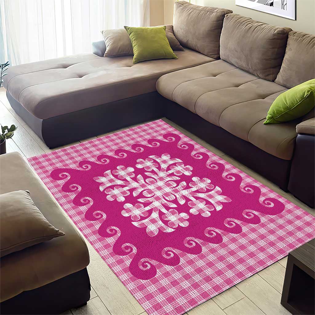 Pink Ulu Palaka Quilt Pattern Area Rug Hawaii Culture Breadfruit - Polynesian Pride