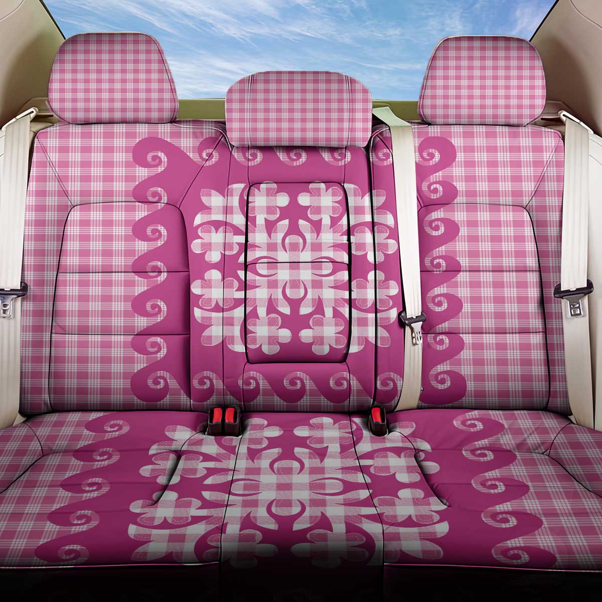 Pink Ulu Palaka Quilt Pattern Back Car Seat Cover Hawaii Culture Breadfruit - Polynesian Pride