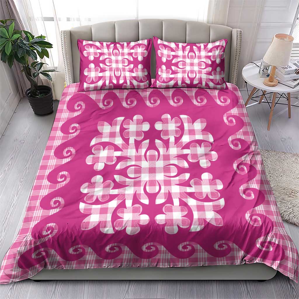 Pink Ulu Palaka Quilt Pattern Bedding Set Hawaii Culture Breadfruit - Polynesian Pride