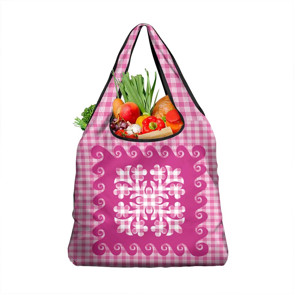 Pink Ulu Palaka Quilt Pattern Grocery Bag Hawaii Culture Breadfruit - Polynesian Pride