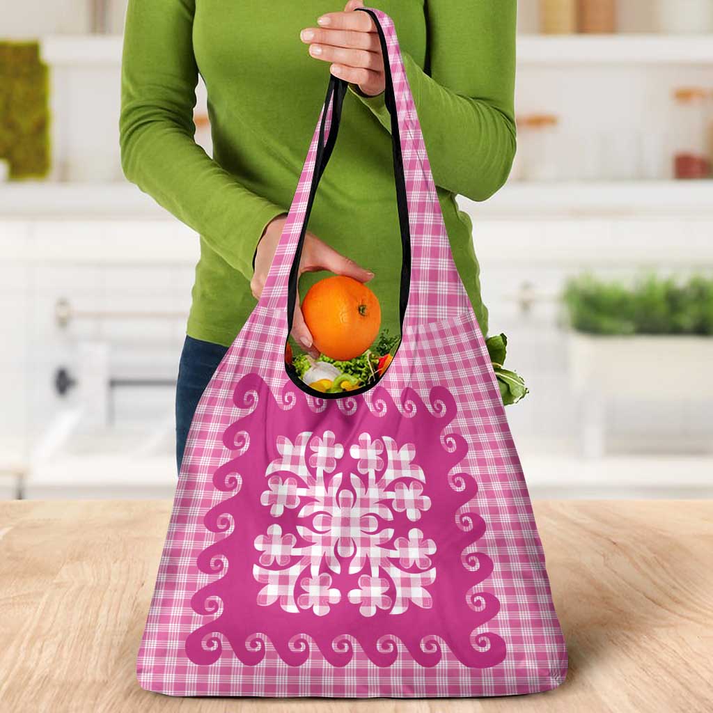 Pink Ulu Palaka Quilt Pattern Grocery Bag Hawaii Culture Breadfruit - Polynesian Pride