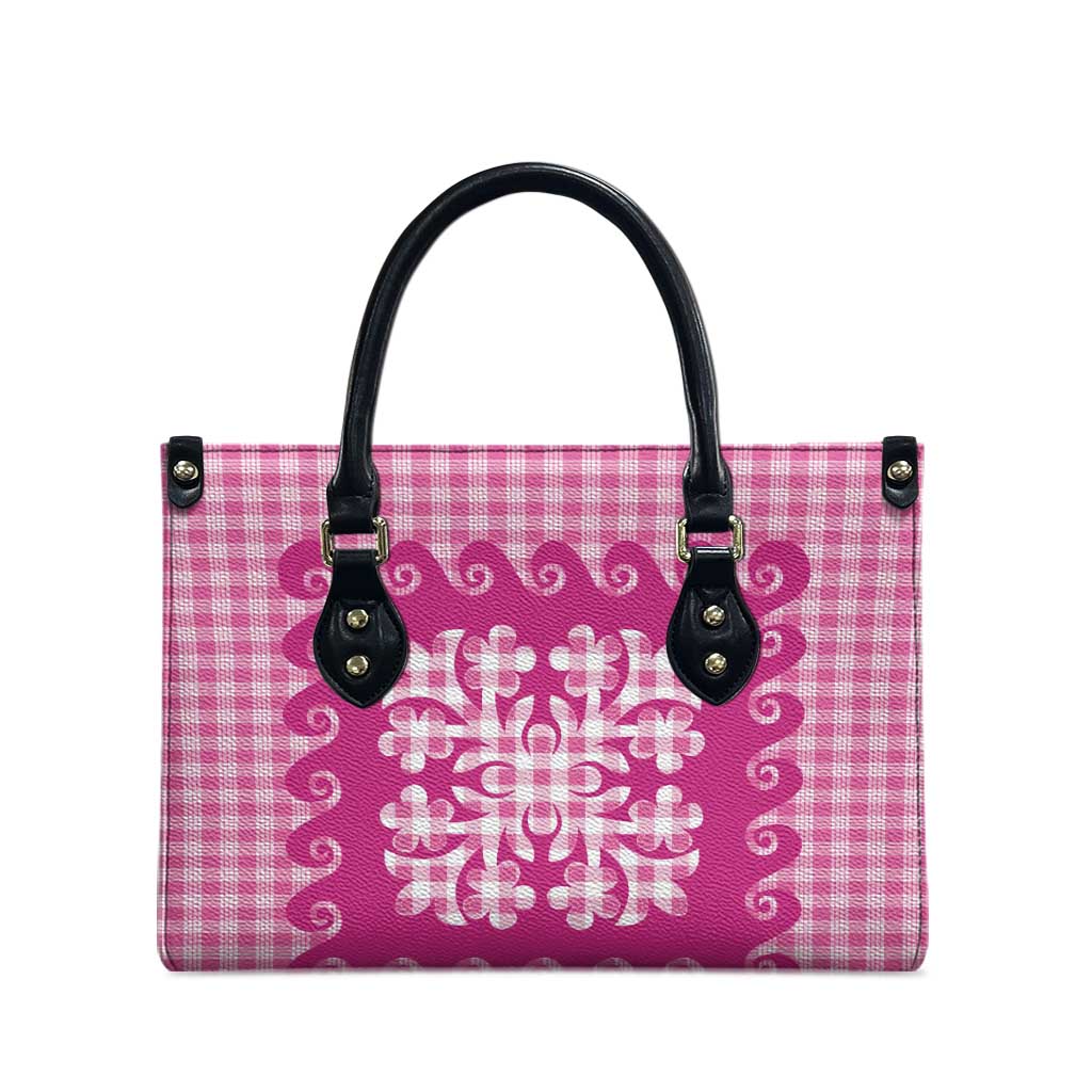 Pink Ulu Palaka Quilt Pattern Leather Bag Hawaii Culture Breadfruit - Polynesian Pride