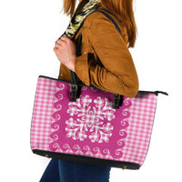 Pink Ulu Palaka Quilt Pattern Leather Tote Bag Hawaii Culture Breadfruit - Polynesian Pride
