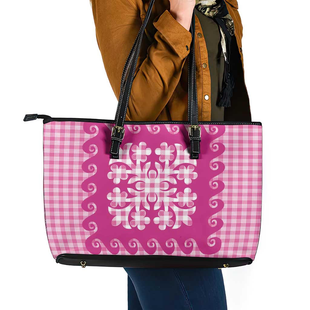 Pink Ulu Palaka Quilt Pattern Leather Tote Bag Hawaii Culture Breadfruit - Polynesian Pride