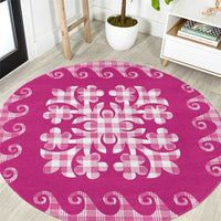 Pink Ulu Palaka Quilt Pattern Round Carpet Hawaii Culture Breadfruit - Polynesian Pride
