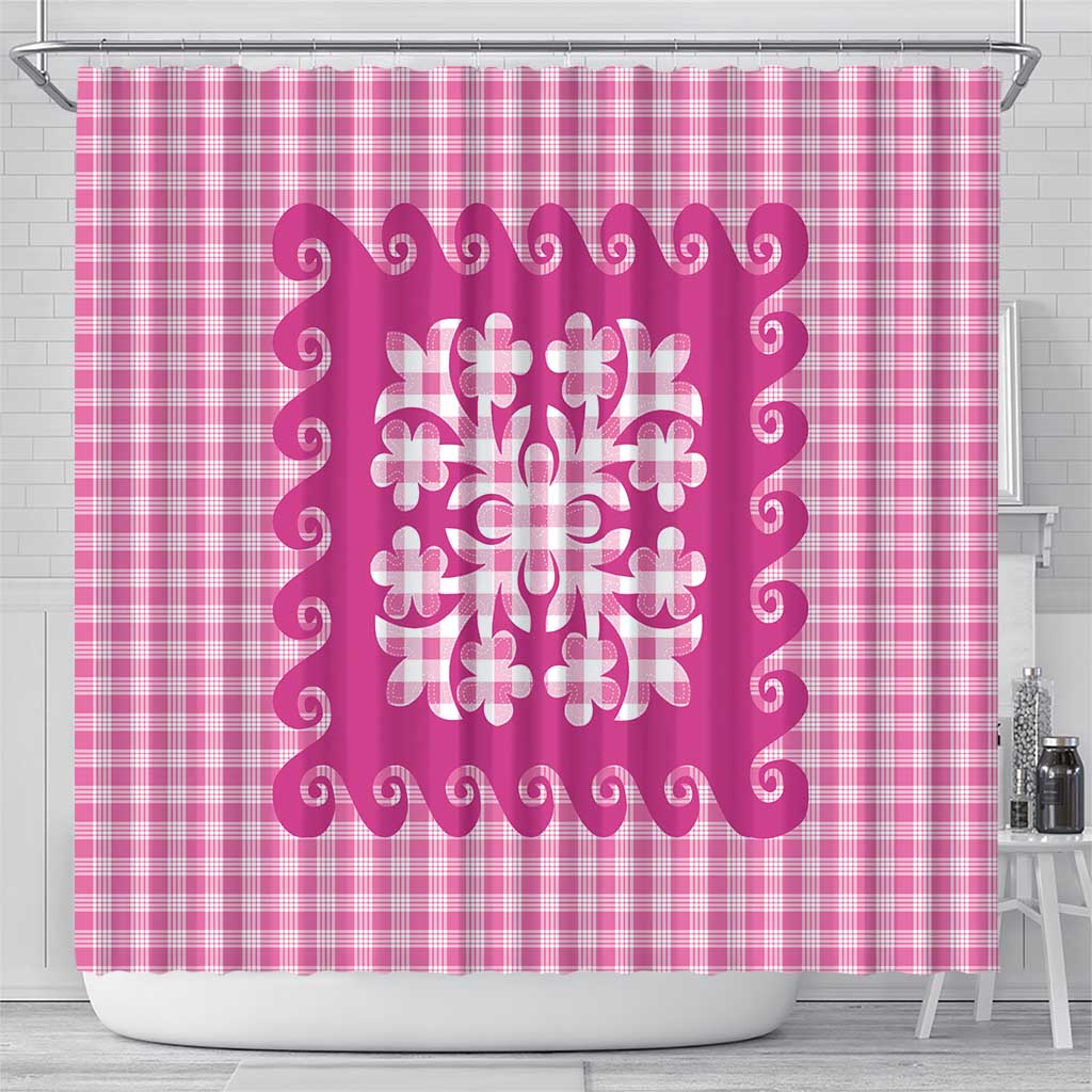 Pink Ulu Palaka Quilt Pattern Shower Curtain Hawaii Culture Breadfruit - Polynesian Pride