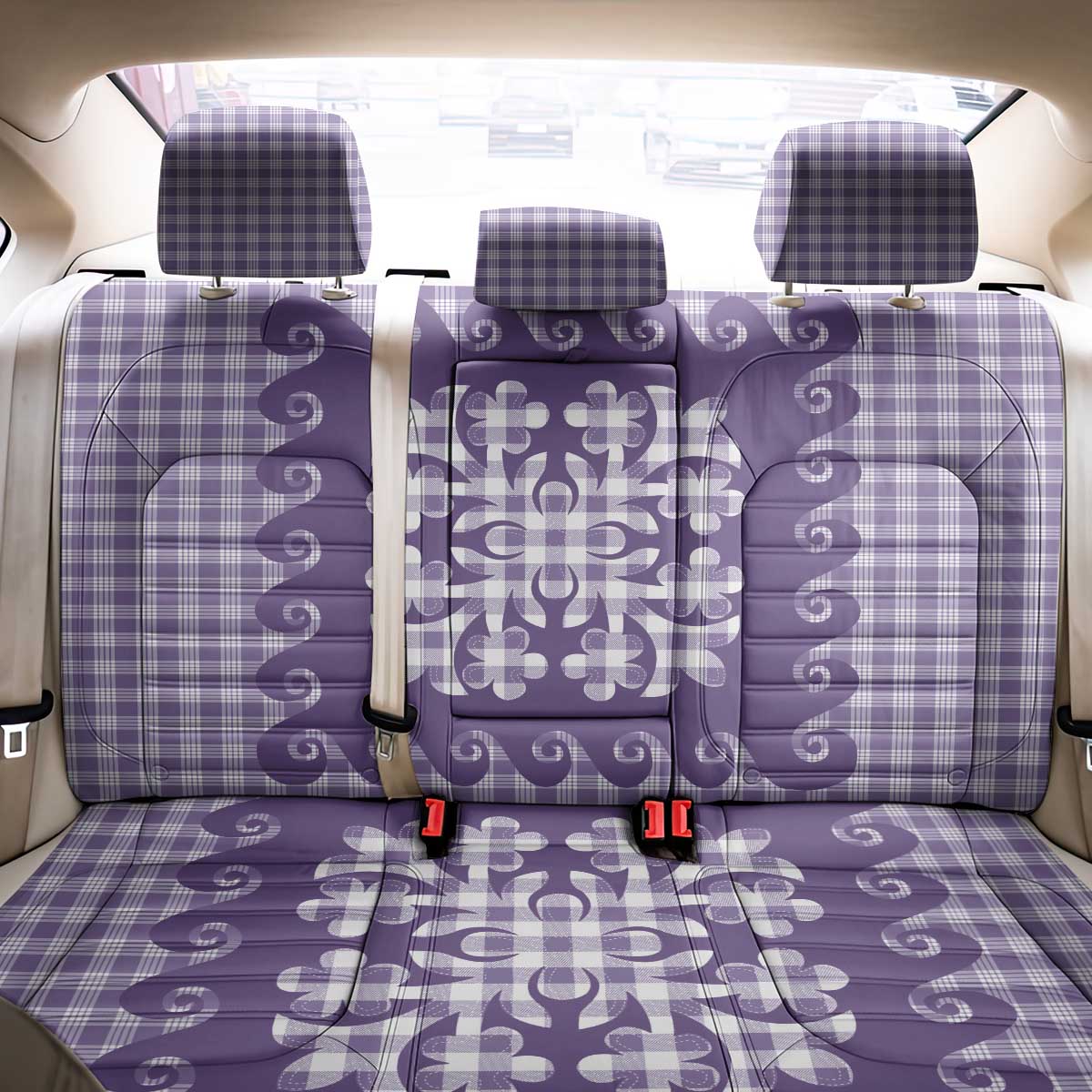 Purple Ulu Palaka Quilt Pattern Back Car Seat Cover Hawaii Culture Breadfruit - Polynesian Pride