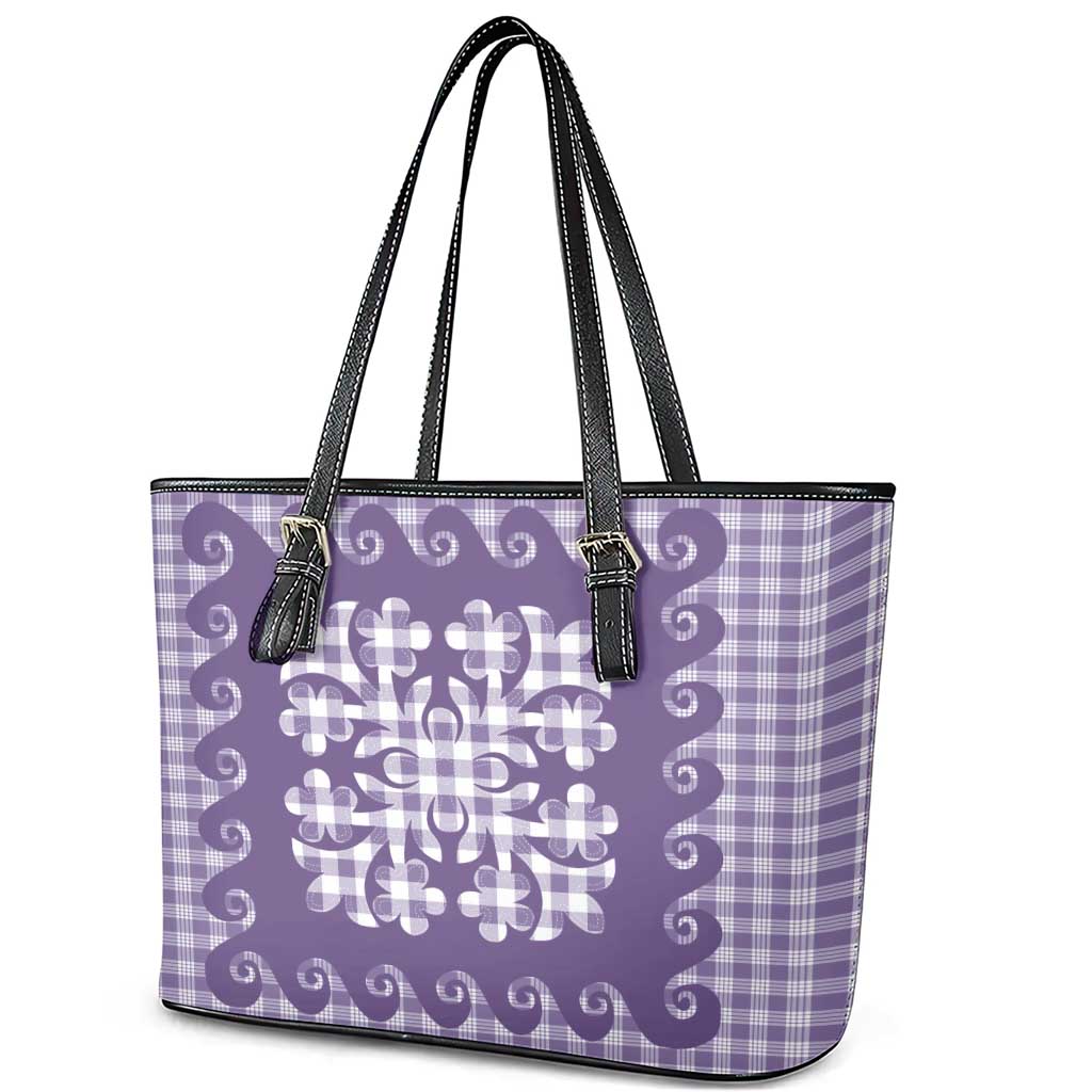 Purple Ulu Palaka Quilt Pattern Leather Tote Bag Hawaii Culture Breadfruit - Polynesian Pride