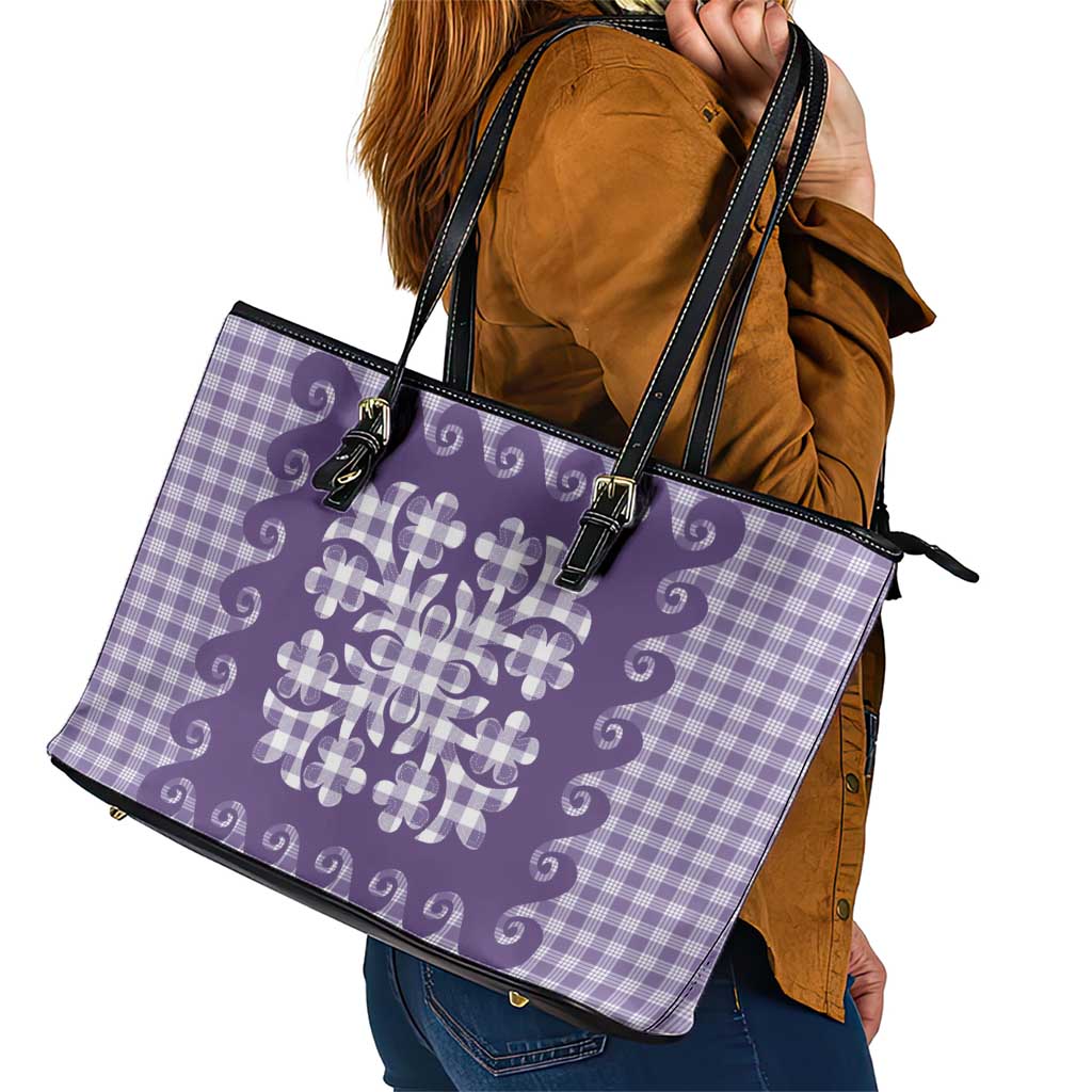 Purple Ulu Palaka Quilt Pattern Leather Tote Bag Hawaii Culture Breadfruit - Polynesian Pride