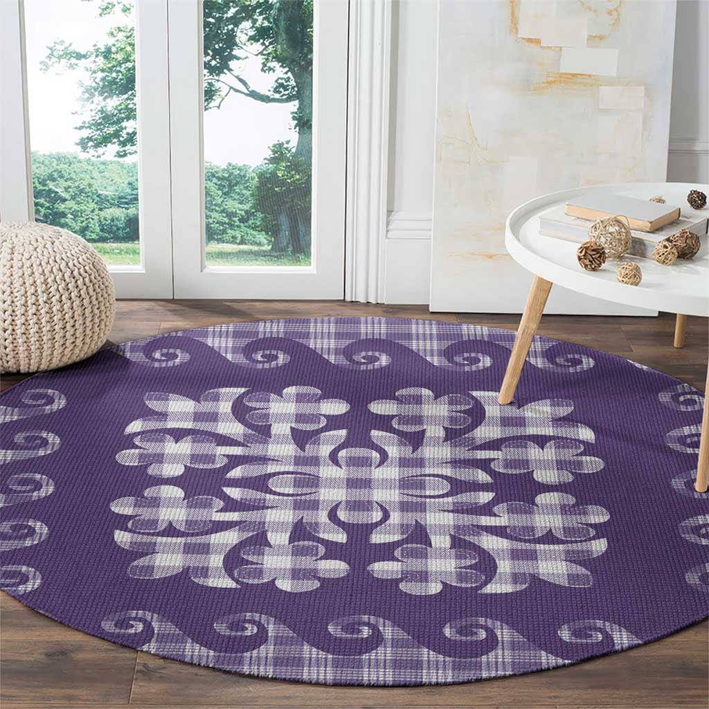 Purple Ulu Palaka Quilt Pattern Round Carpet Hawaii Culture Breadfruit - Polynesian Pride