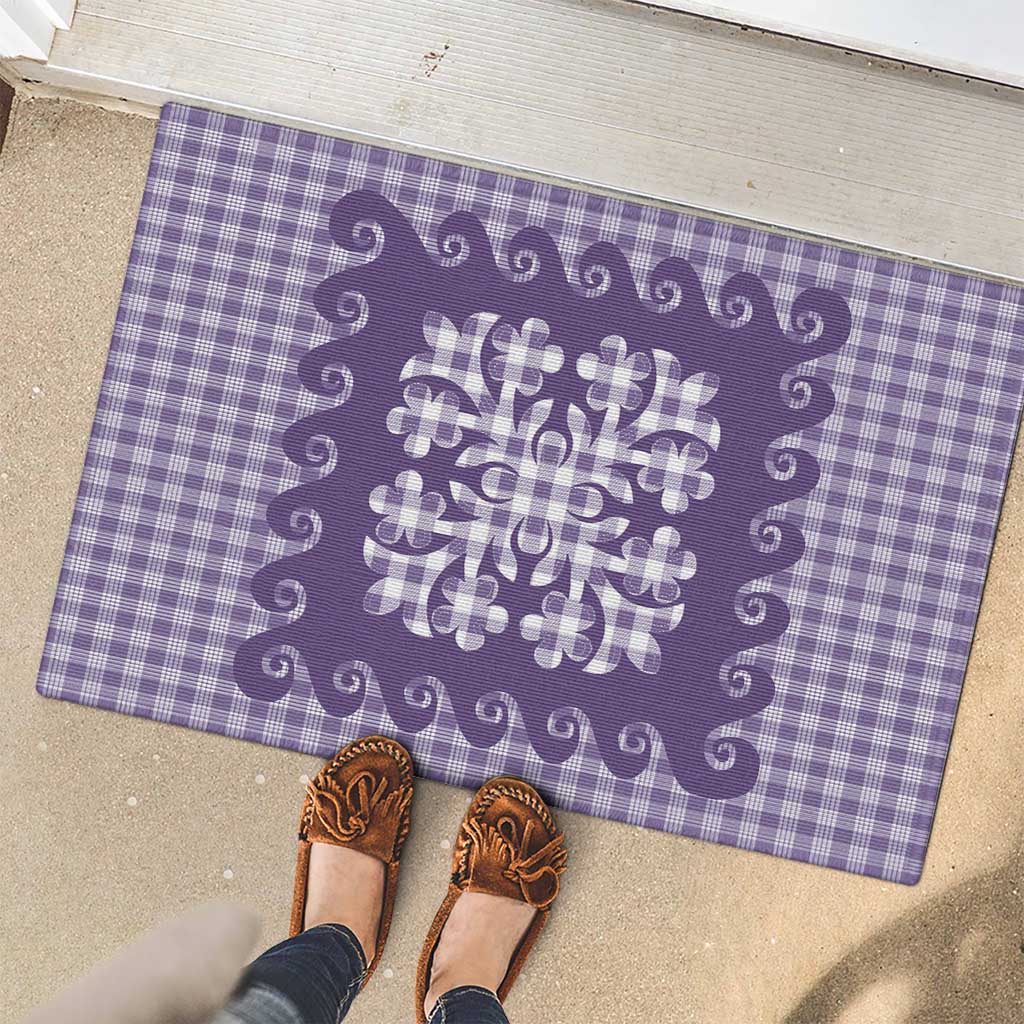 Purple Ulu Palaka Quilt Pattern Rubber Doormat Hawaii Culture Breadfruit - Polynesian Pride