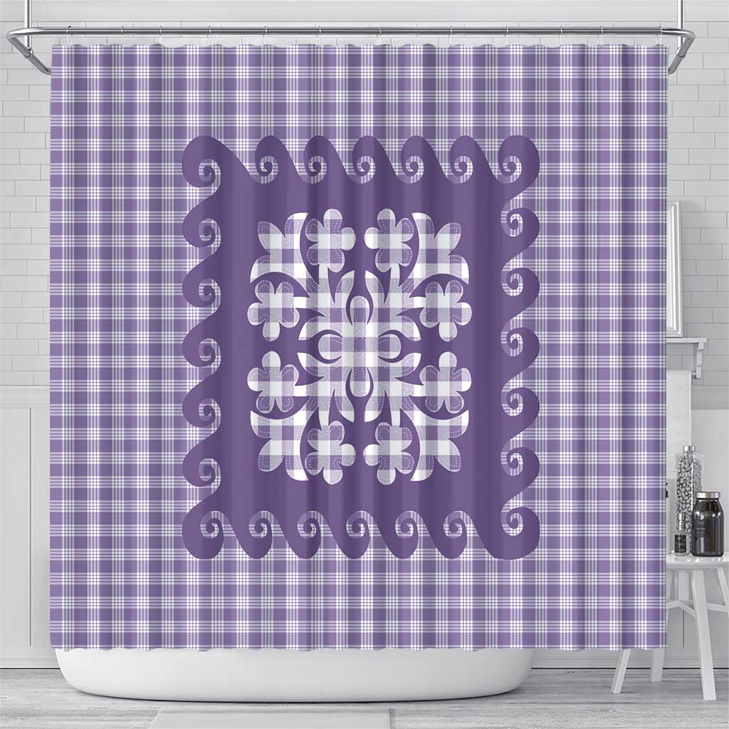 Purple Ulu Palaka Quilt Pattern Shower Curtain Hawaii Culture Breadfruit - Polynesian Pride
