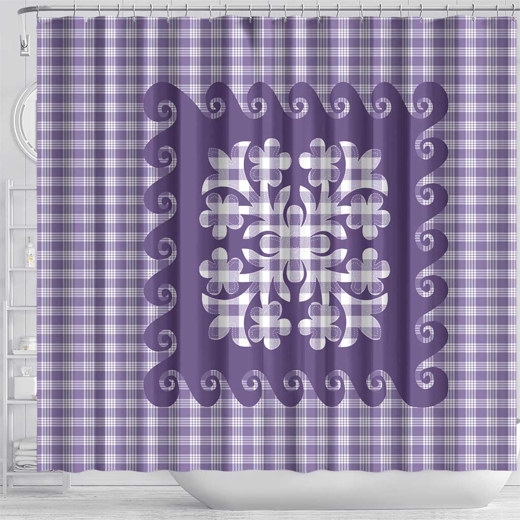 Purple Ulu Palaka Quilt Pattern Shower Curtain Hawaii Culture Breadfruit - Polynesian Pride