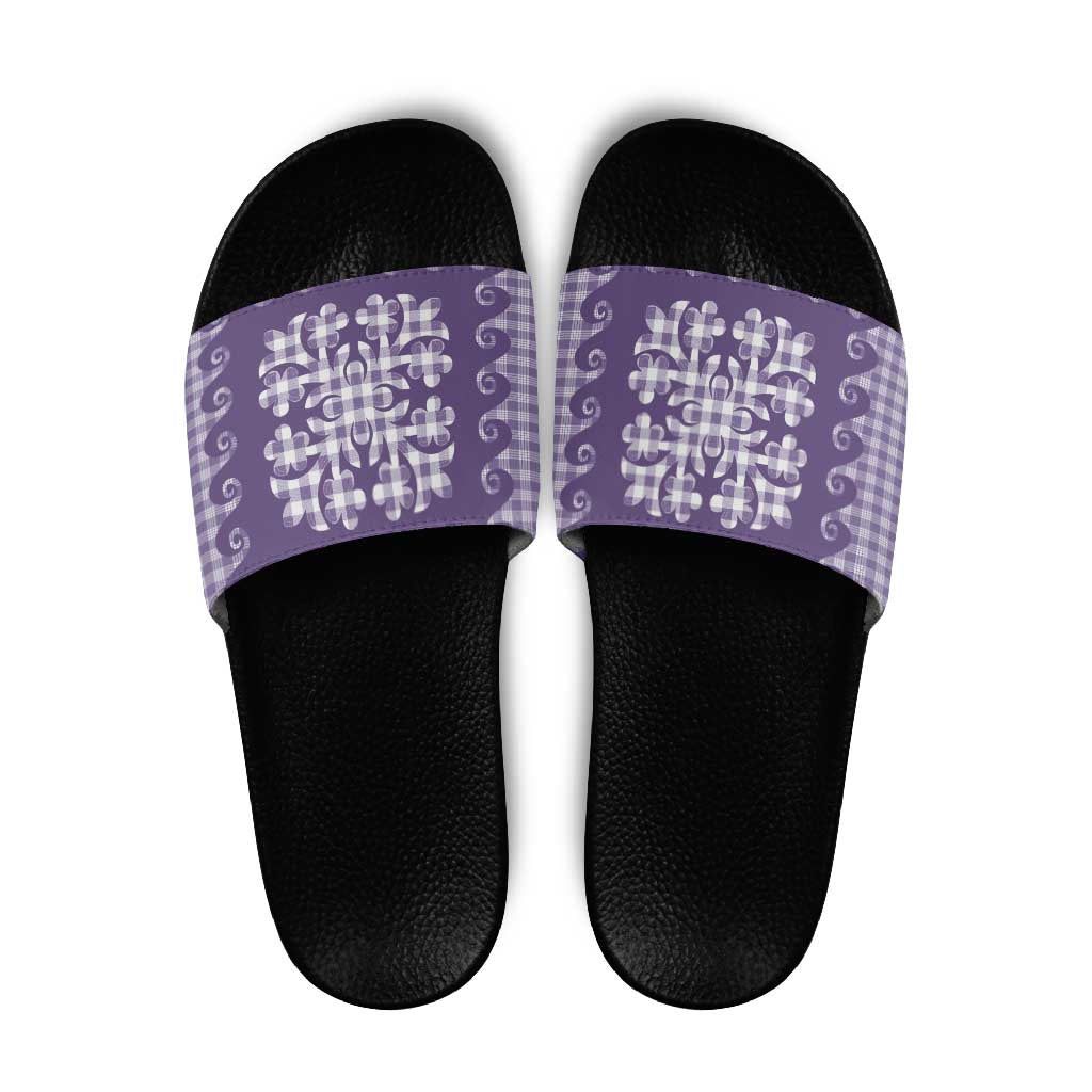 Purple Ulu Palaka Quilt Pattern Slide Sandals Hawaii Culture Breadfruit - Polynesian Pride