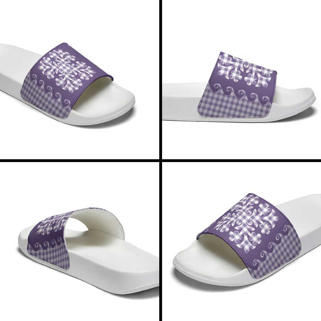 Purple Ulu Palaka Quilt Pattern Slide Sandals Hawaii Culture Breadfruit - Polynesian Pride