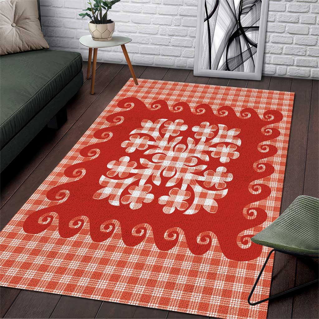 Red Ulu Palaka Quilt Pattern Area Rug Hawaii Culture Breadfruit - Polynesian Pride