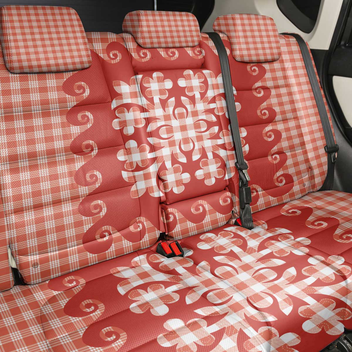 Red Ulu Palaka Quilt Pattern Back Car Seat Cover Hawaii Culture Breadfruit - Polynesian Pride