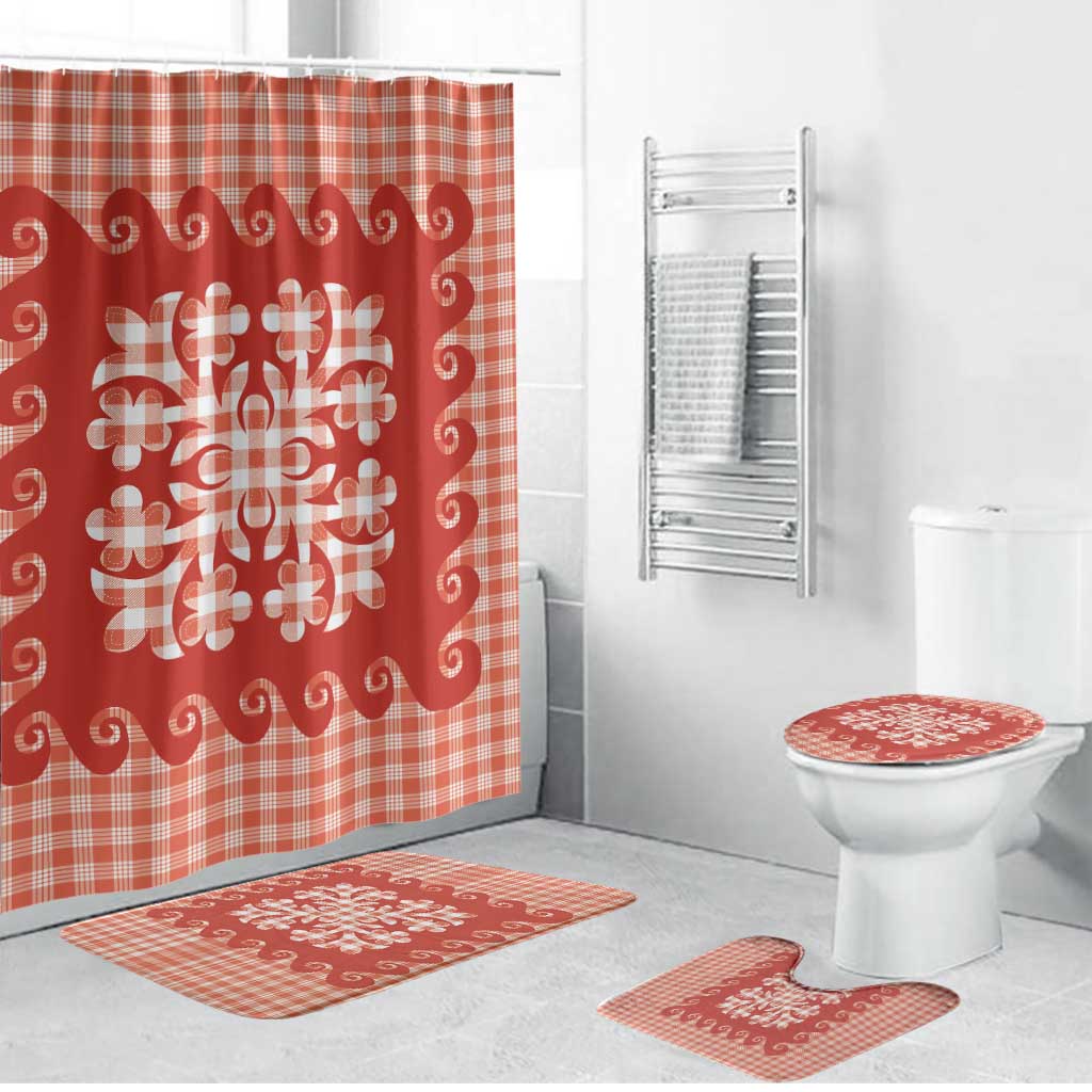 Red Ulu Palaka Quilt Pattern Bathroom Set Hawaii Culture Breadfruit - Polynesian Pride