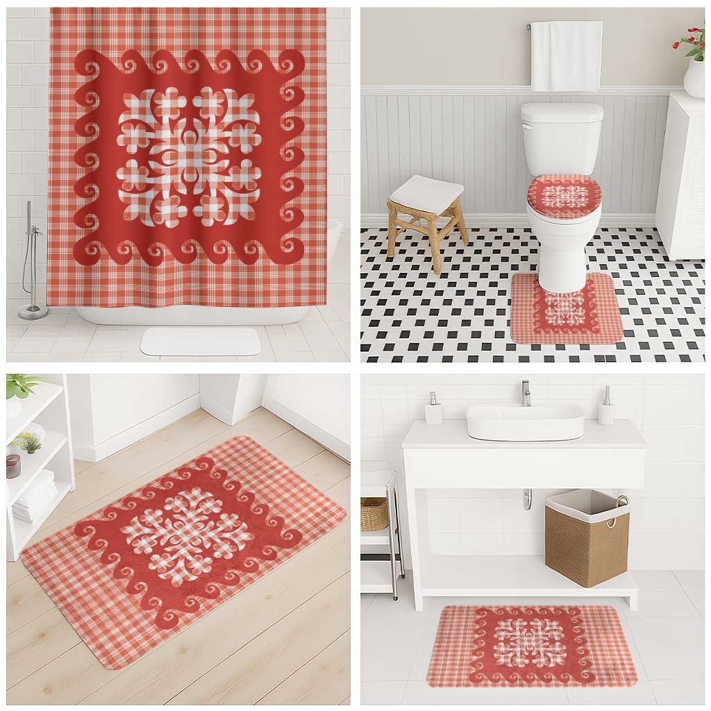 Red Ulu Palaka Quilt Pattern Bathroom Set Hawaii Culture Breadfruit - Polynesian Pride
