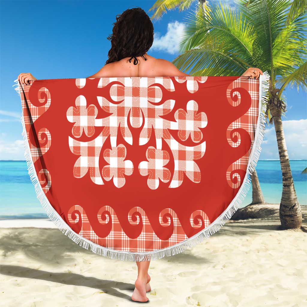 Red Ulu Palaka Quilt Pattern Beach Blanket Hawaii Culture Breadfruit - Polynesian Pride