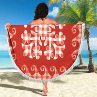 Red Ulu Palaka Quilt Pattern Beach Blanket Hawaii Culture Breadfruit - Polynesian Pride
