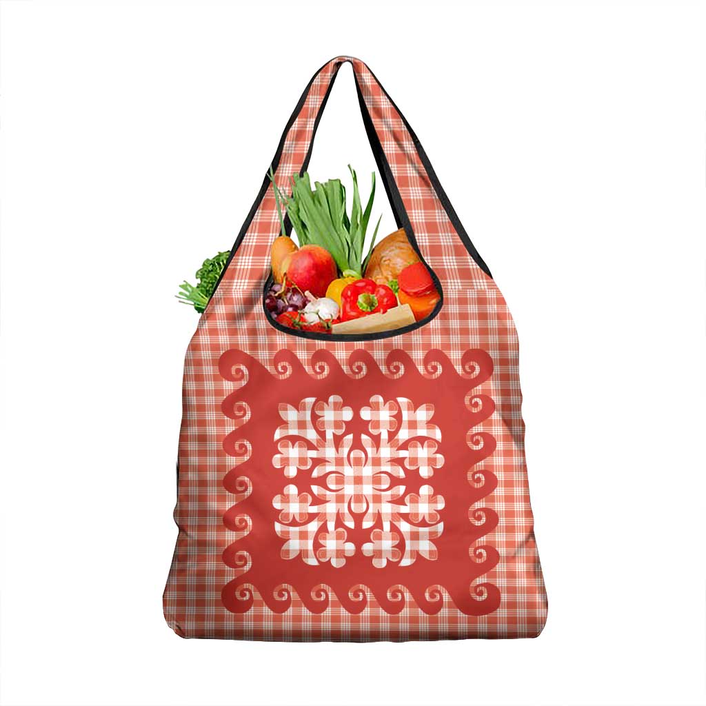 Red Ulu Palaka Quilt Pattern Grocery Bag Hawaii Culture Breadfruit - Polynesian Pride