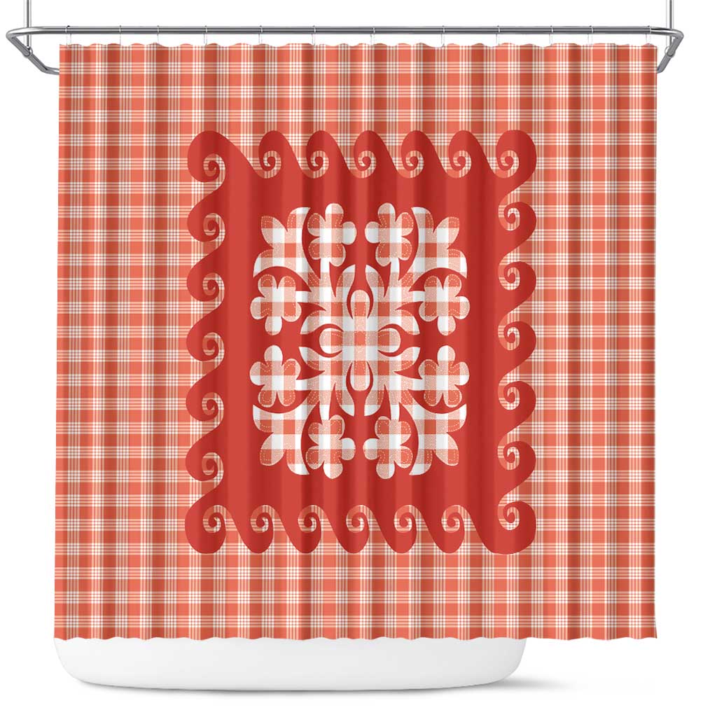 Red Ulu Palaka Quilt Pattern Shower Curtain Hawaii Culture Breadfruit - Polynesian Pride
