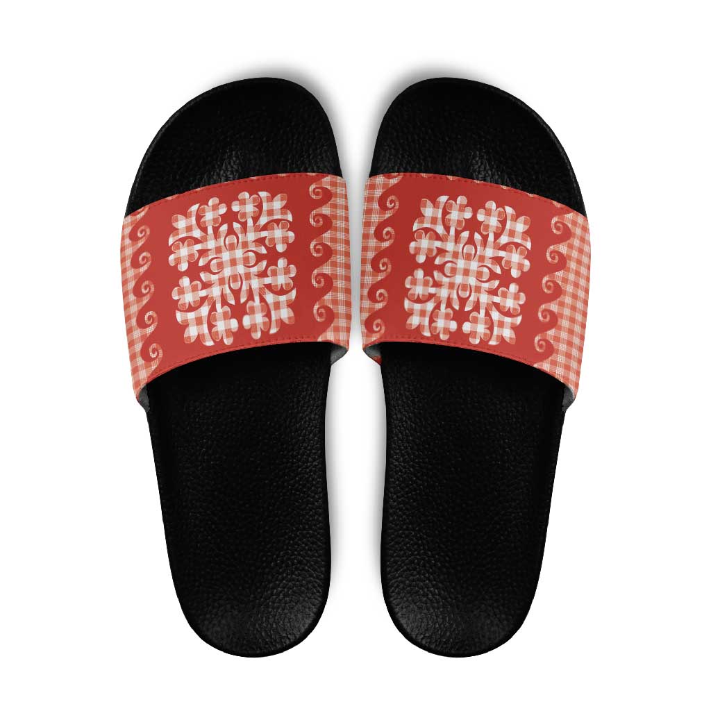 Red Ulu Palaka Quilt Pattern Slide Sandals Hawaii Culture Breadfruit - Polynesian Pride