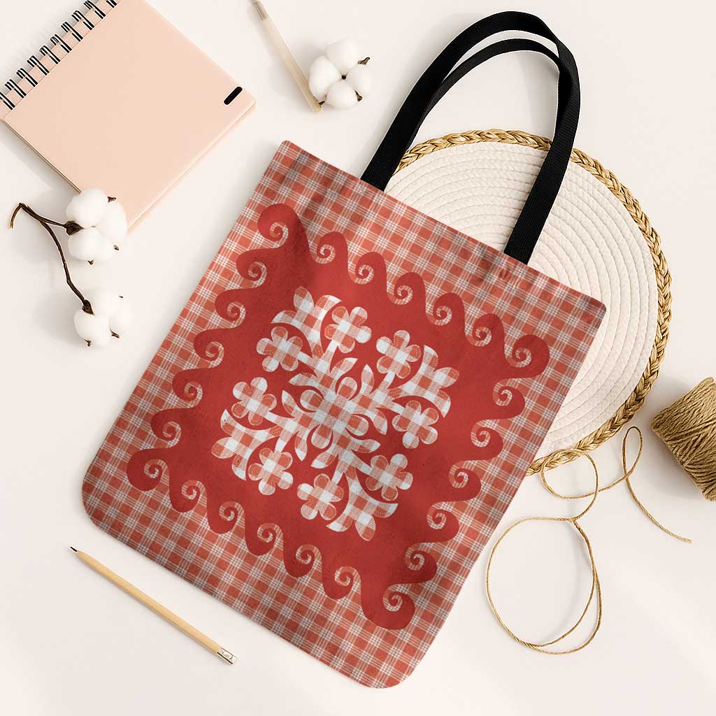 Red Ulu Palaka Quilt Pattern Tote Bag Hawaii Culture Breadfruit - Polynesian Pride