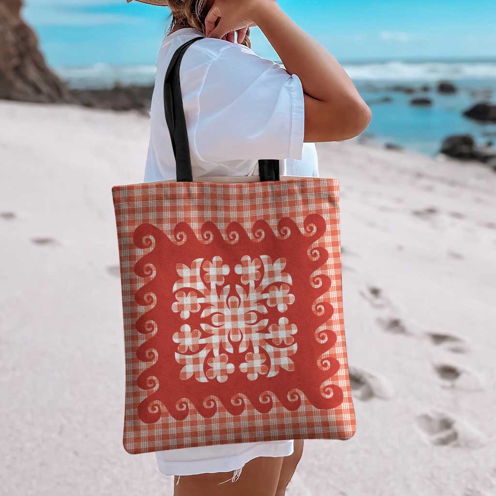 Red Ulu Palaka Quilt Pattern Tote Bag Hawaii Culture Breadfruit - Polynesian Pride