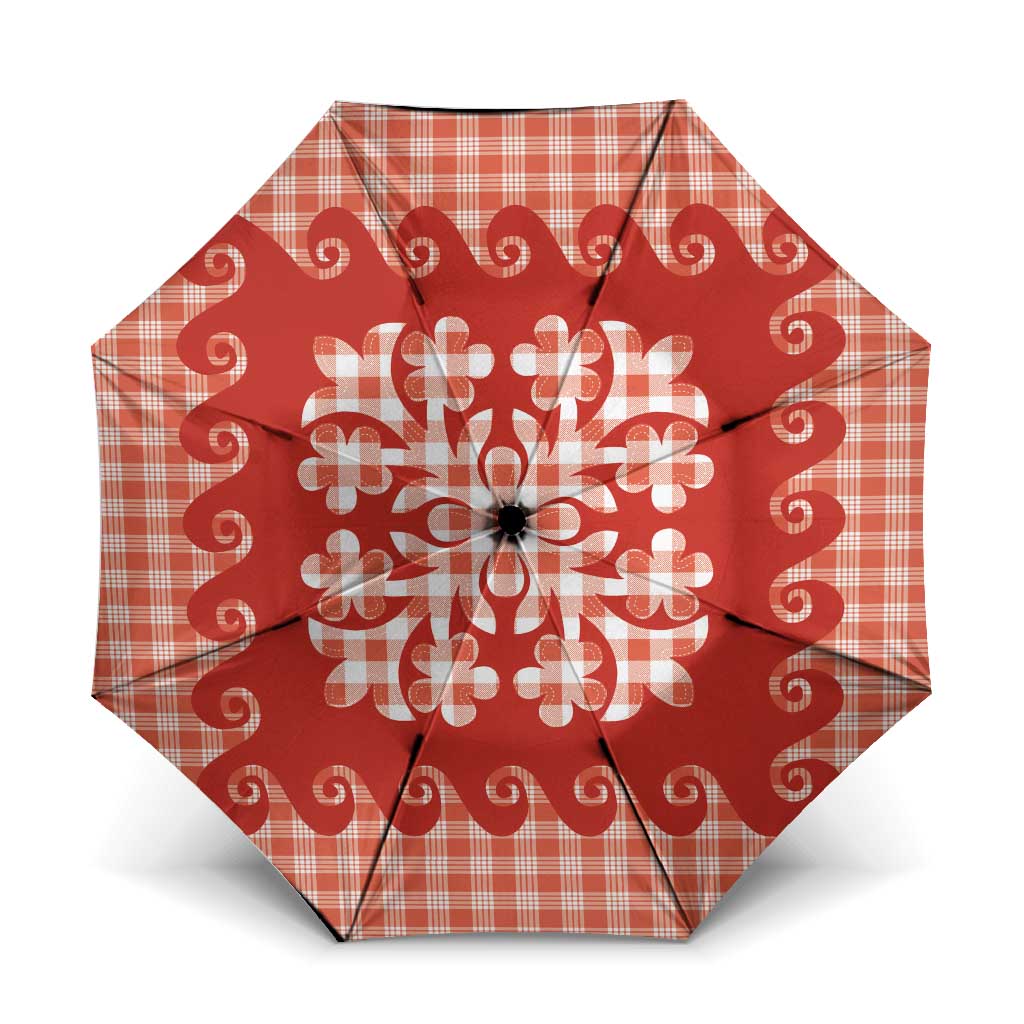Red Ulu Palaka Quilt Pattern Umbrella Hawaii Culture Breadfruit - Polynesian Pride