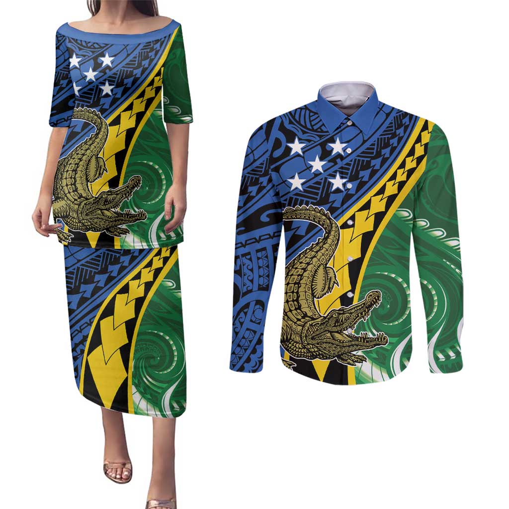 Personalised Crocodile and Shark Solomon Islands Couples Matching Puletasi and Long Sleeve Button Shirt Polynesian Tribal Tattoo