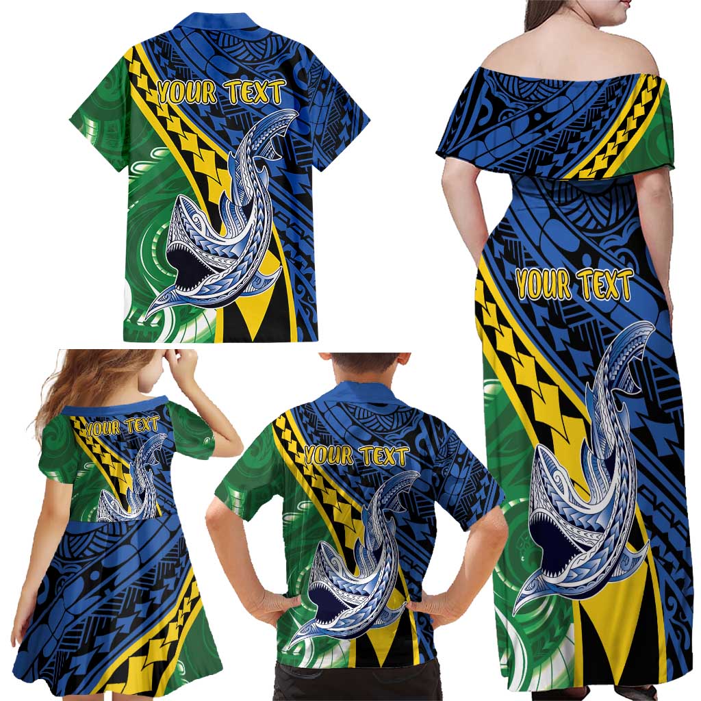 Personalised Crocodile and Shark Solomon Islands Family Matching Off Shoulder Maxi Dress and Hawaiian Shirt Polynesian Tribal Tattoo