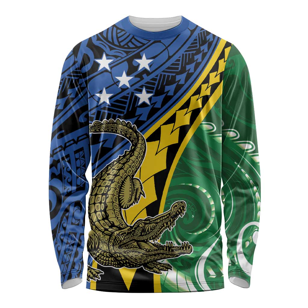 Personalised Crocodile and Shark Solomon Islands Long Sleeve Shirt Polynesian Tribal Tattoo
