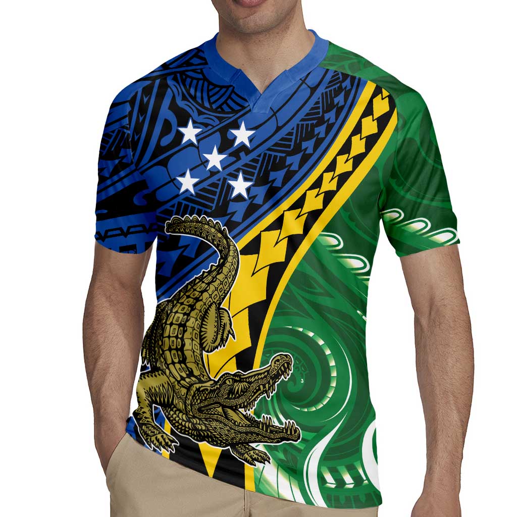 Personalised Crocodile and Shark Solomon Islands Rugby Jersey Polynesian Tribal Tattoo