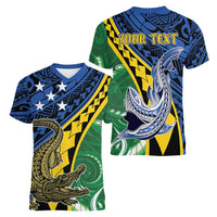 Personalised Crocodile and Shark Solomon Islands Women V-Neck T-Shirt Polynesian Tribal Tattoo