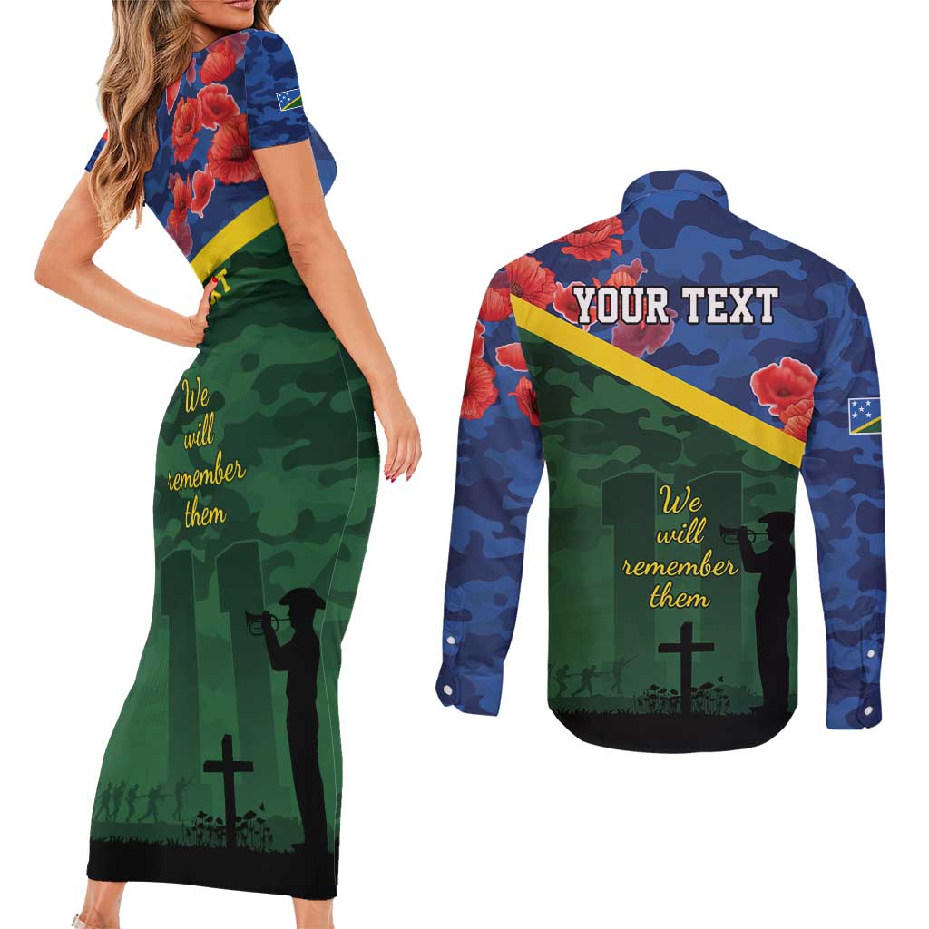 Personalised Solomon Islands Remembrance Day Couples Matching Short Sleeve Bodycon Dress and Long Sleeve Button Shirt We Will Remember Them with Camouflage Style
