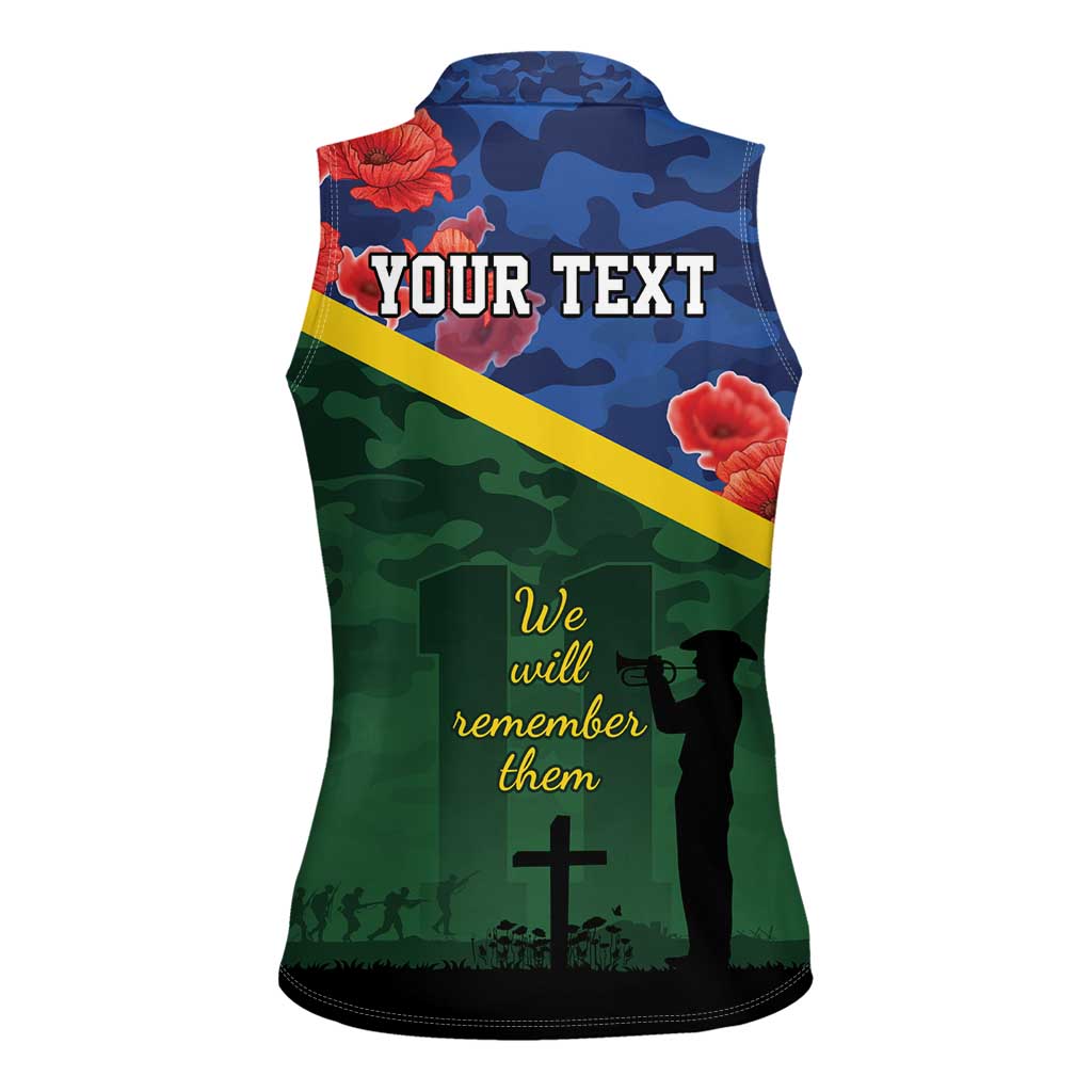 Personalised Solomon Islands Remembrance Day Women Sleeveless Polo Shirt We Will Remember Them with Camouflage Style