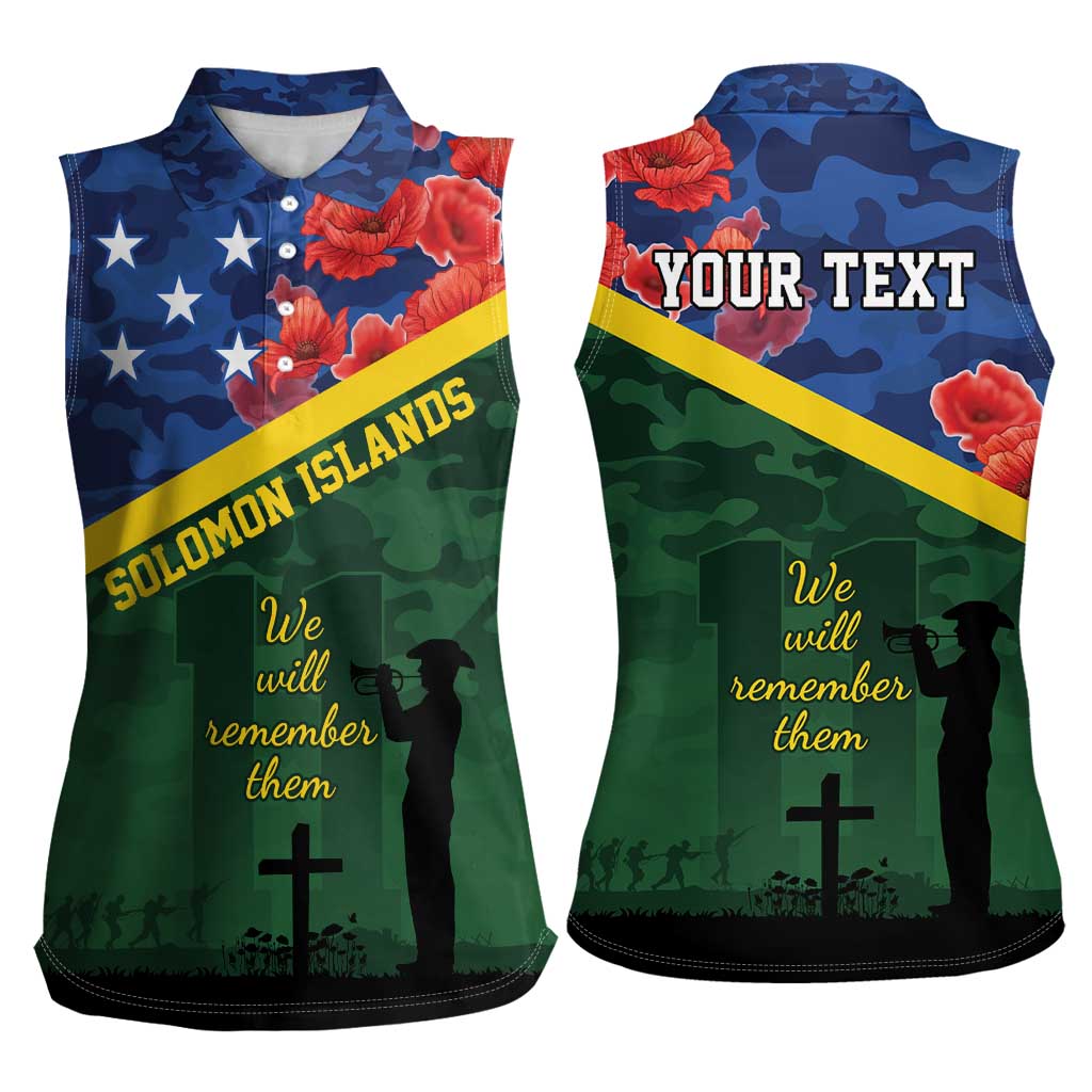Personalised Solomon Islands Remembrance Day Women Sleeveless Polo Shirt We Will Remember Them with Camouflage Style