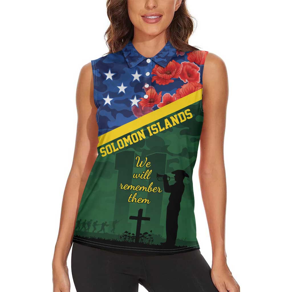 Personalised Solomon Islands Remembrance Day Women Sleeveless Polo Shirt We Will Remember Them with Camouflage Style