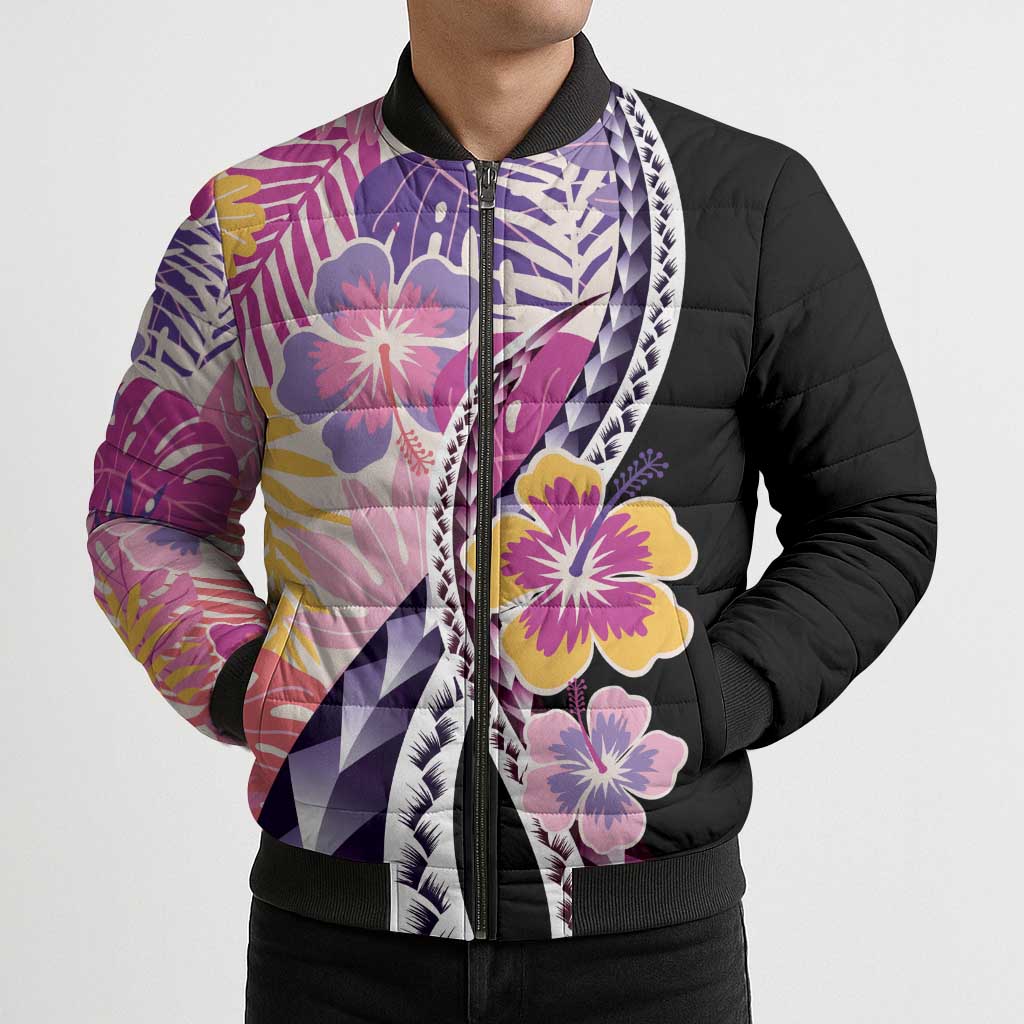 Aloha Vintage Hibiscus Lei Seamless Pattern Bomber Puffer Jacket - Polynesian Pride