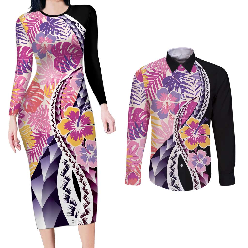 Aloha Vintage Hibiscus Lei Seamless Pattern Couples Matching Long Sleeve Bodycon Dress and Long Sleeve Button Shirt - Polynesian Pride