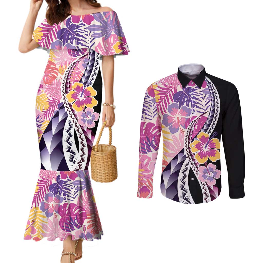 Aloha Vintage Hibiscus Lei Seamless Pattern Couples Matching Mermaid Dress and Long Sleeve Button Shirt - Polynesian Pride